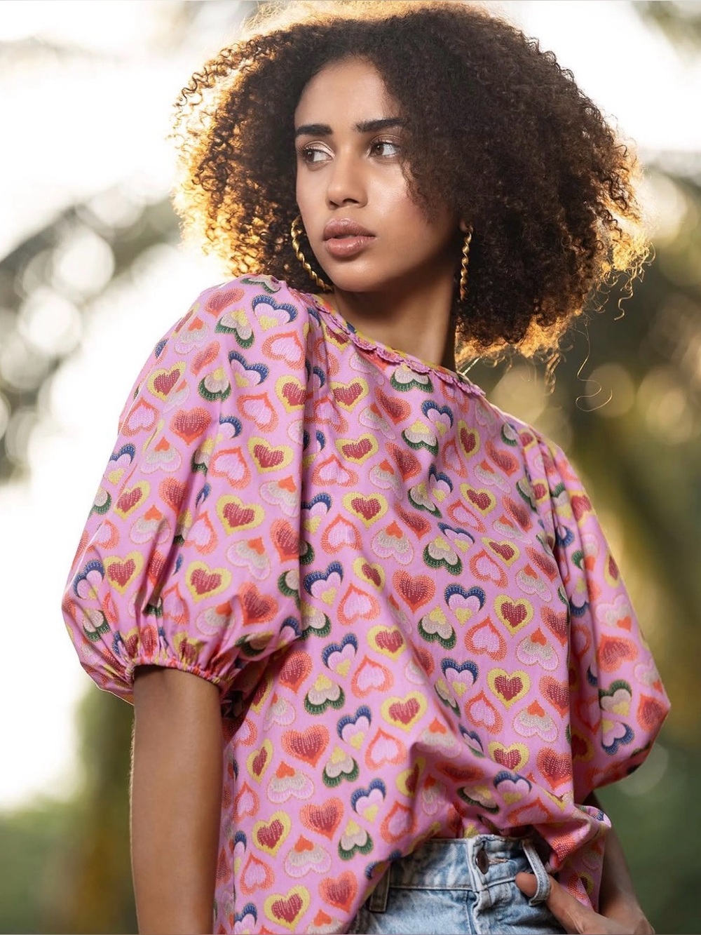 Pink Heart-Print Puff Sleeve Blouse